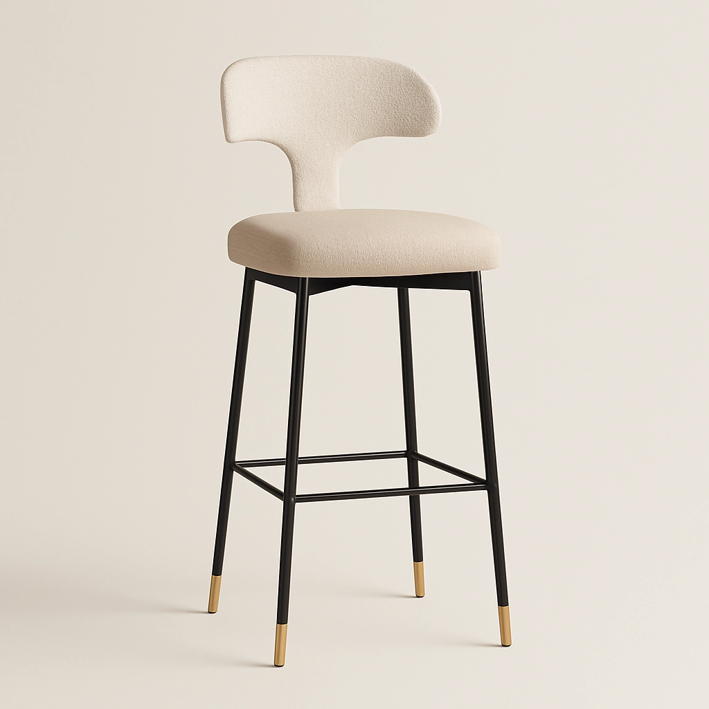 taburete alto tapizado beige patas negras y remates latón